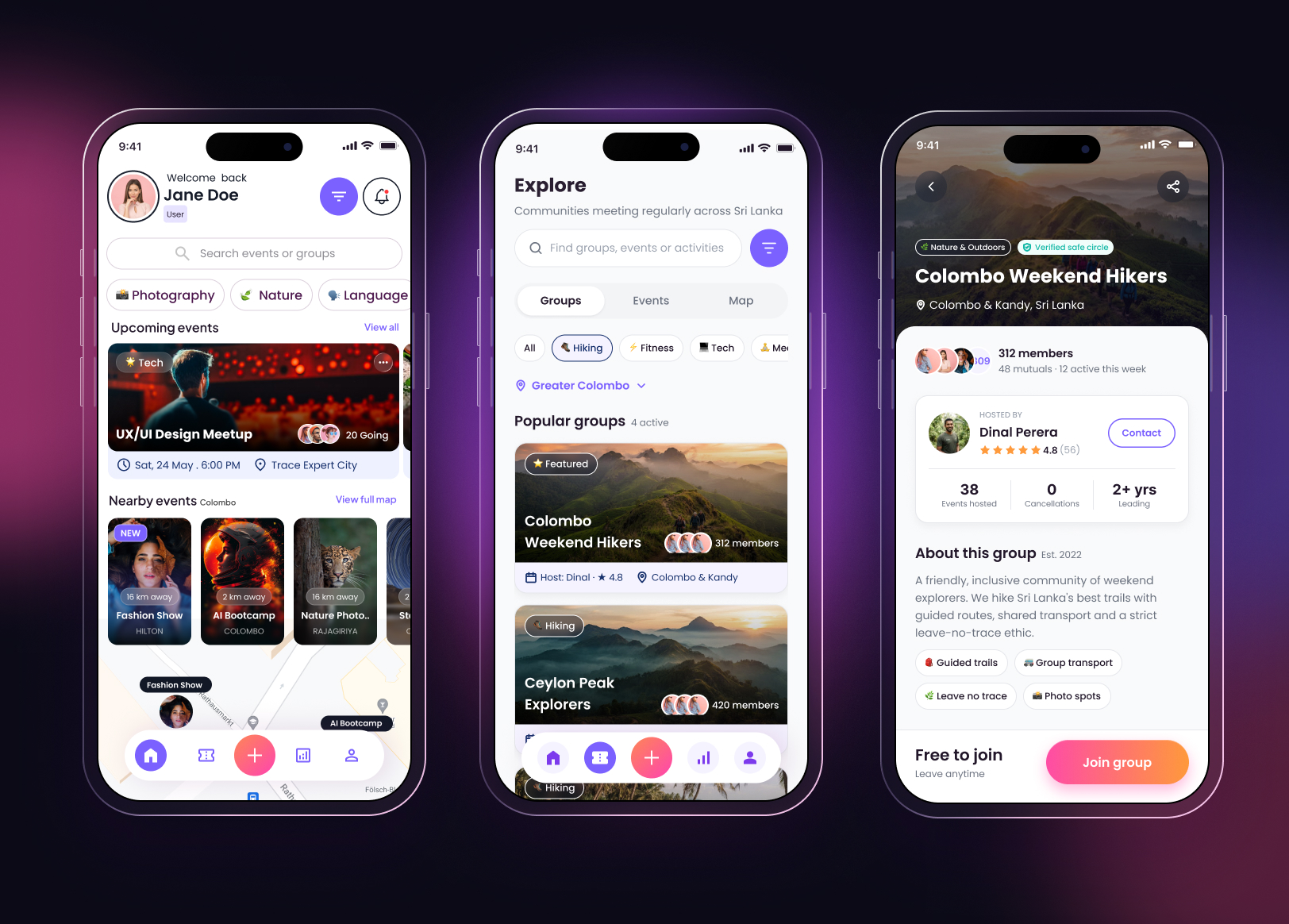 Discover and join a community: home, explore and group detail screens