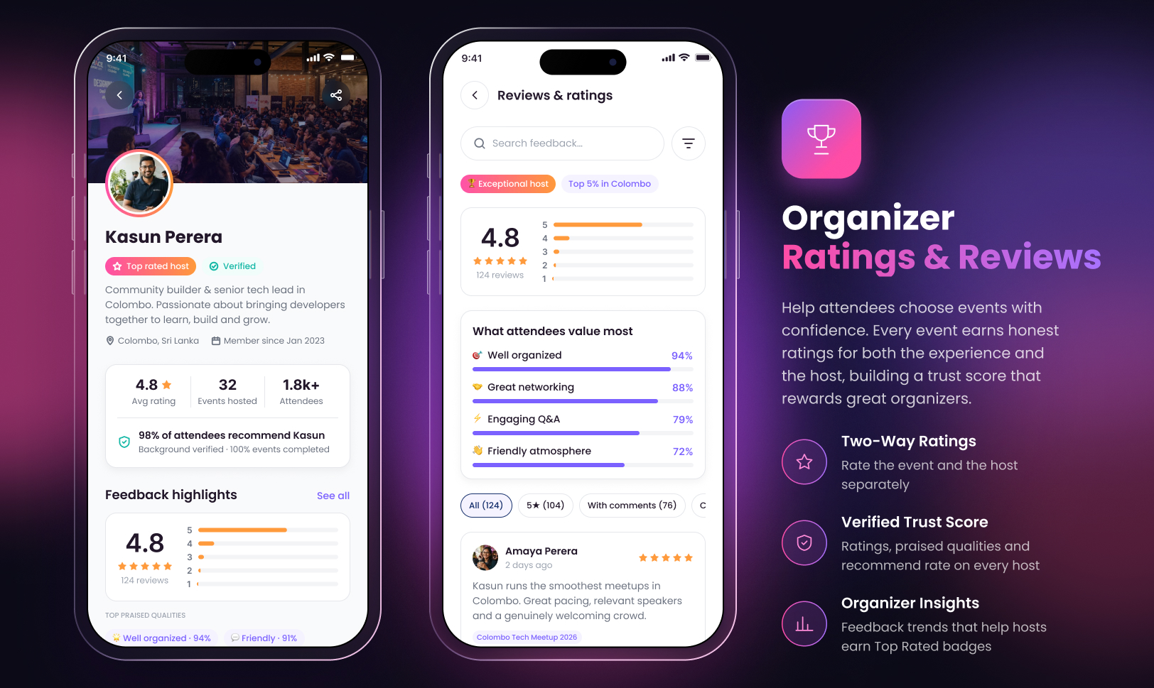 Organizer ratings and reviews: organizer profile and reviews screens