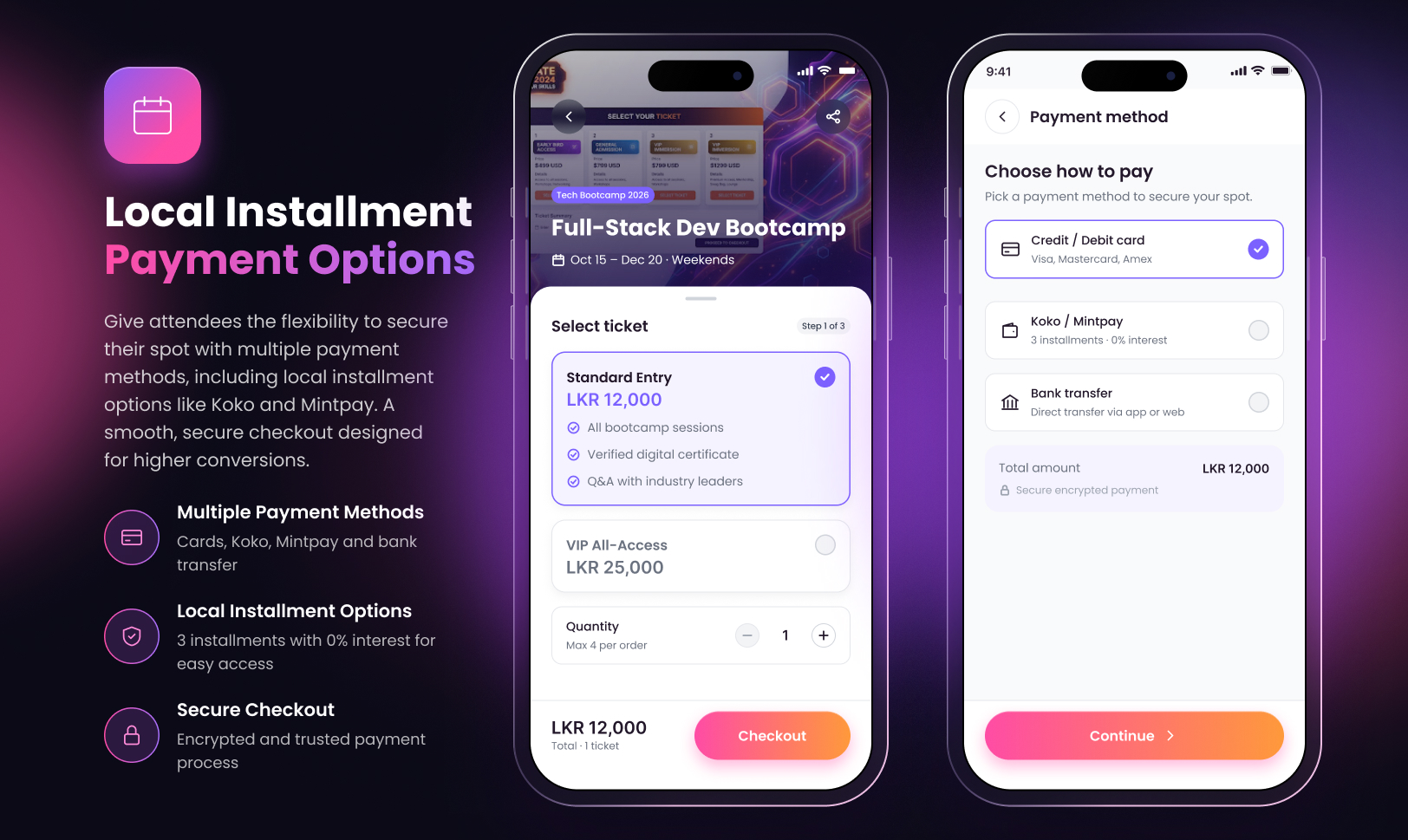 Local installment payment options: ticket selection and payment method screens