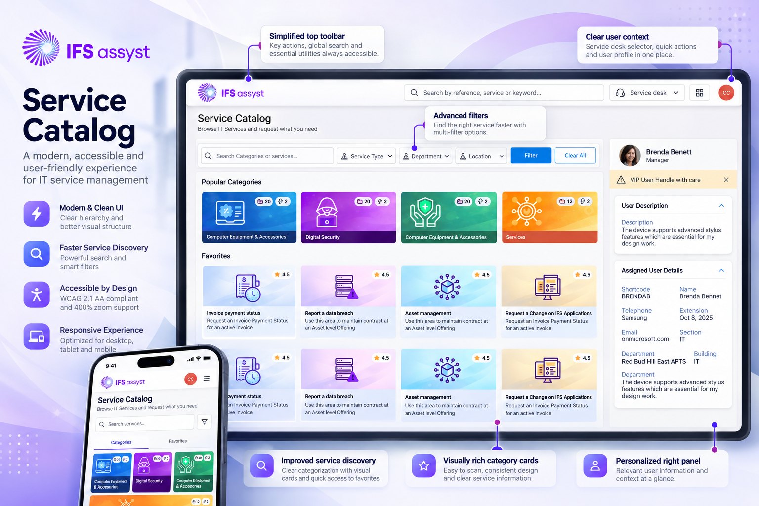 IFS Assyst Service Catalog — modern, accessible service management UI on desktop and mobile