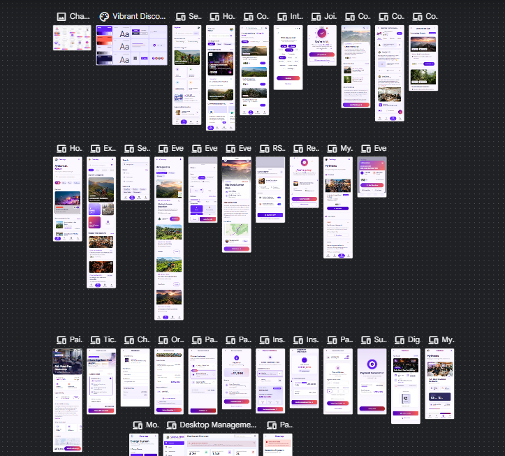 Detail view — search and explore, home discovery, community results, interest selection and joined success screens