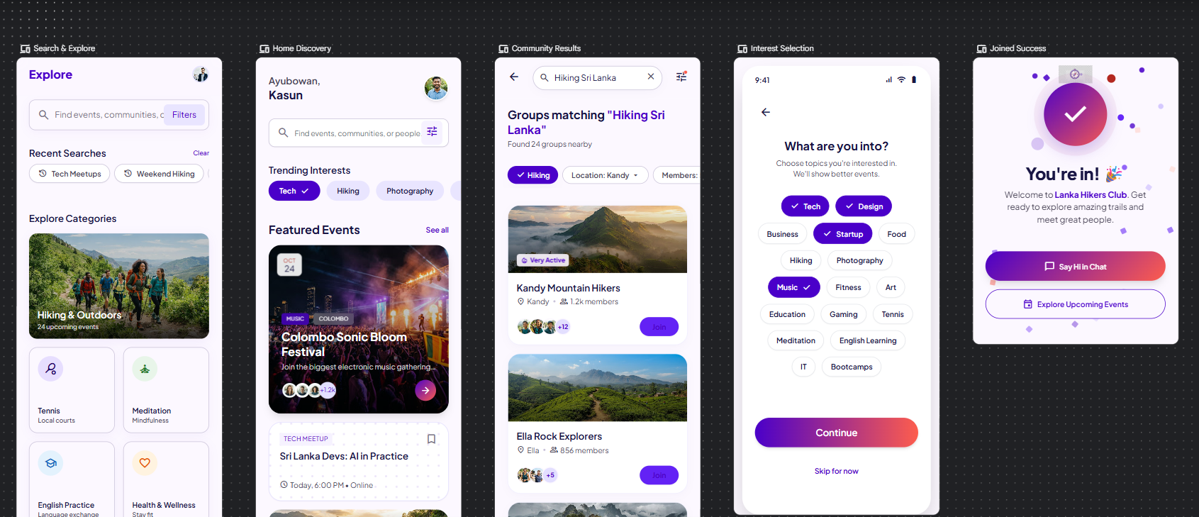 Full wireframe board — all Catchup screens grouped by flow
